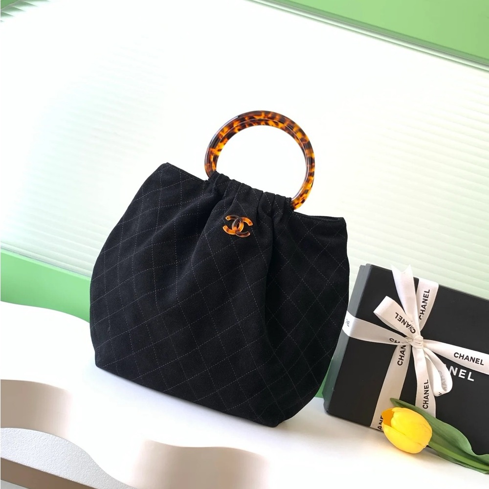 CHANEL Black Quilted Tote with Tortoise Ring Handle